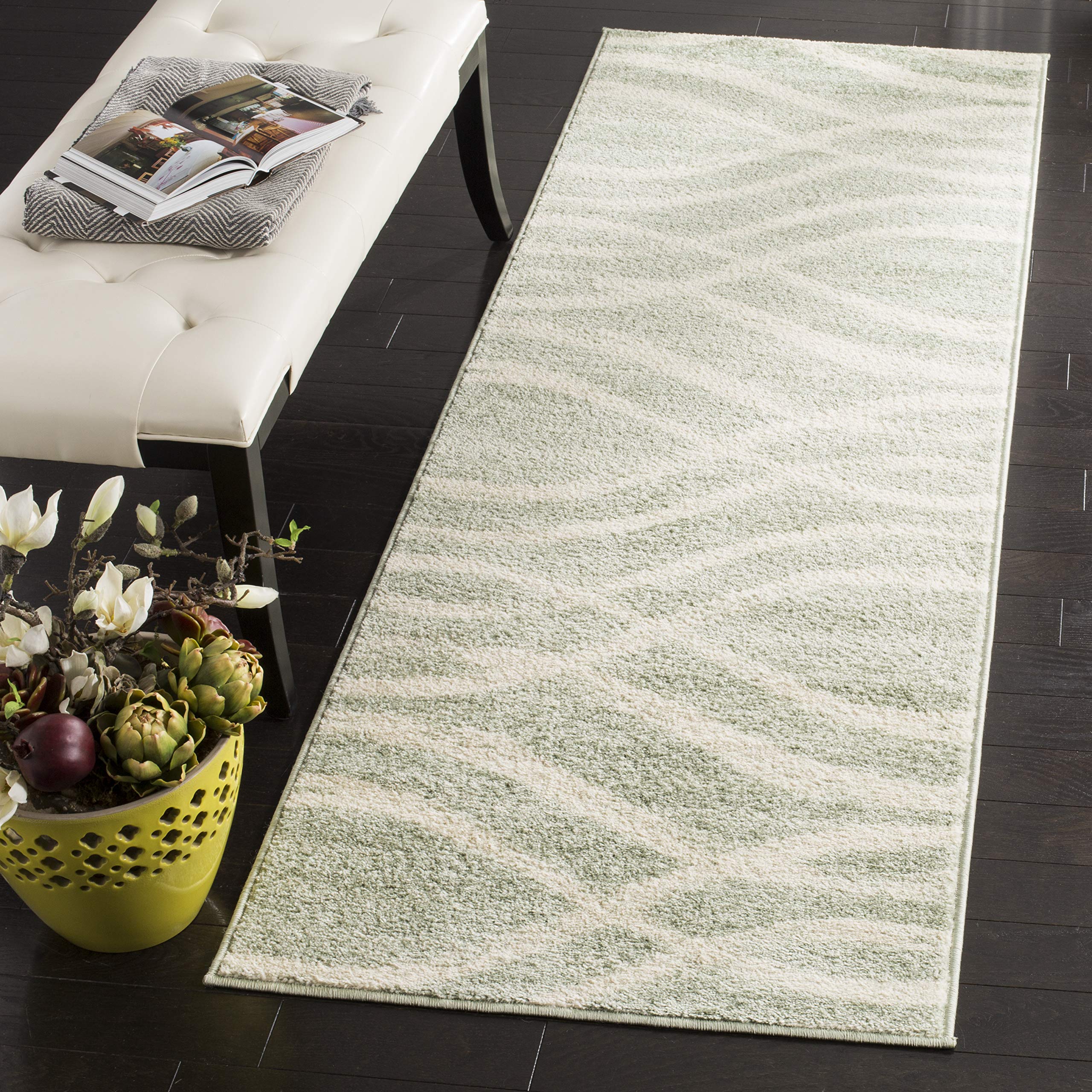SAFAVIEH Adirondack Collection Runner Rug - 2'6'' x 20', Sage & Cream, Modern Wave Distressed Design, Non-Shedding & Easy Care,